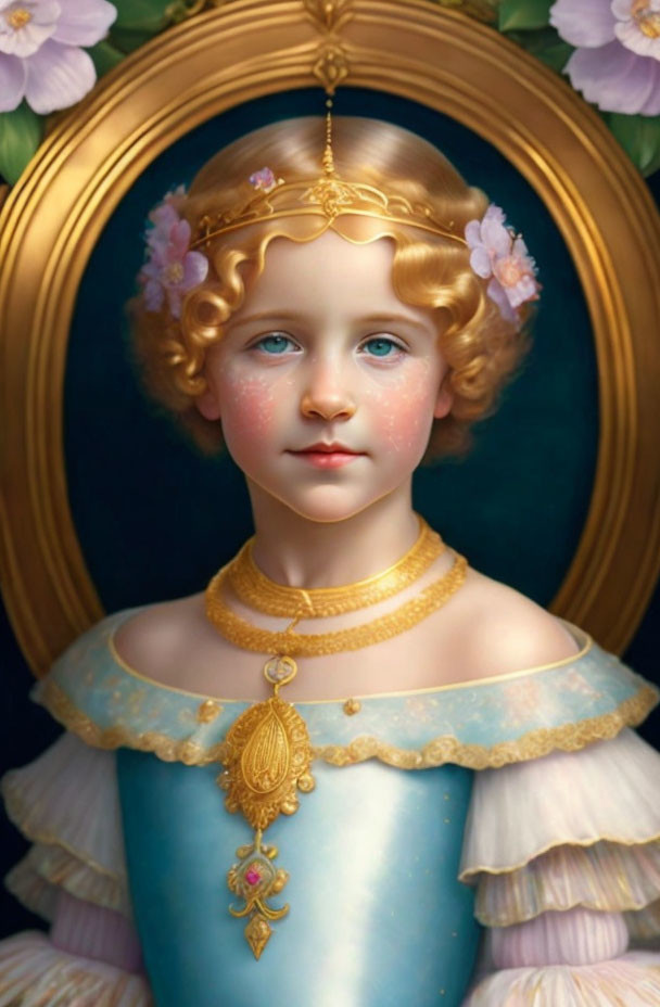 Portrait of a Young Child with Blue Eyes and Blonde Hair in Blue and White Dress