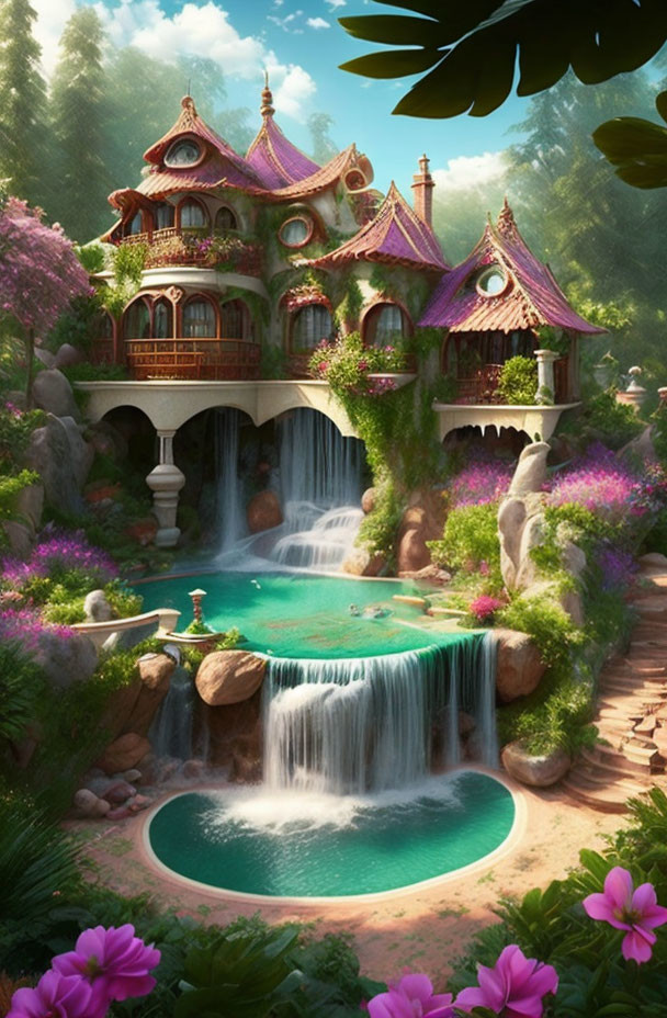 Fantasy house with pink roofs in lush greenery and waterfalls.