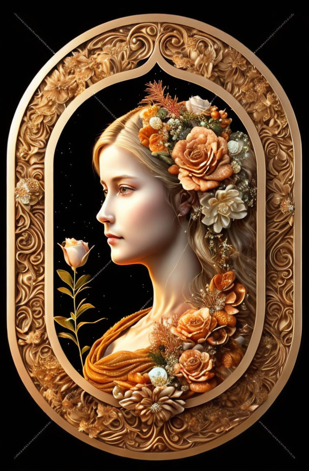 Woman's profile digital artwork with ornate floral decorations on black background