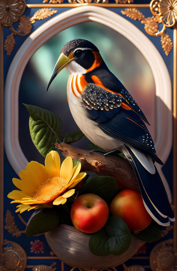 Colorful Bird Resting on Twig Surrounded by Apples and Yellow Flower in Ornate Oval Frame