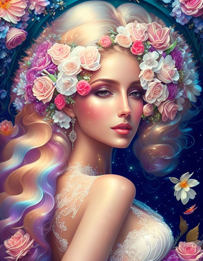 Fantasy-themed digital art portrait with woman and floral aura on dark background