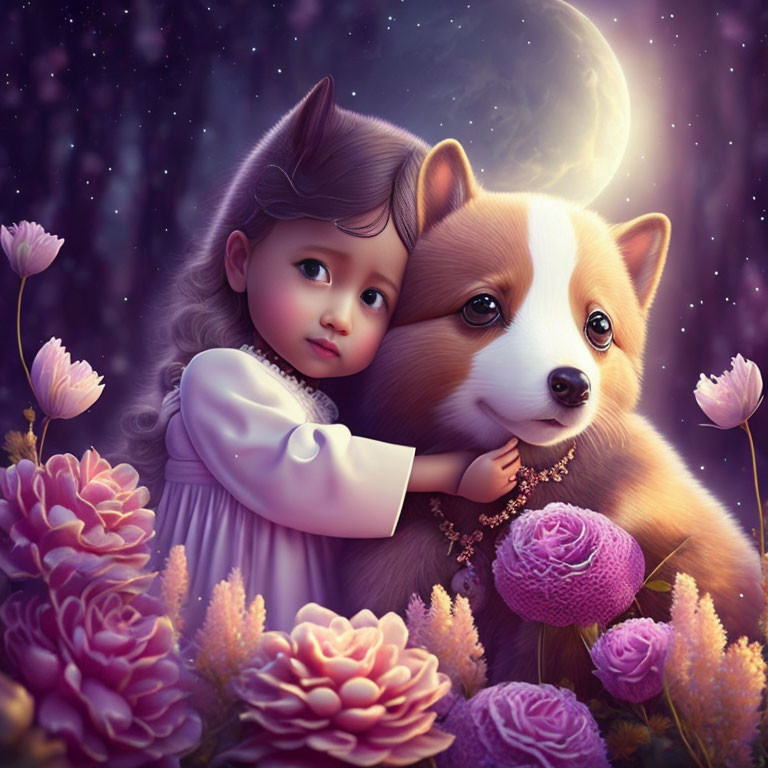 Illustration of girl hugging corgi in moonlit flower garden