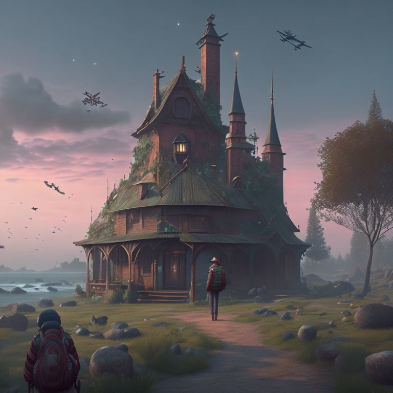 Person with backpack in front of whimsical house at dawn/dusk with futuristic aircraft.