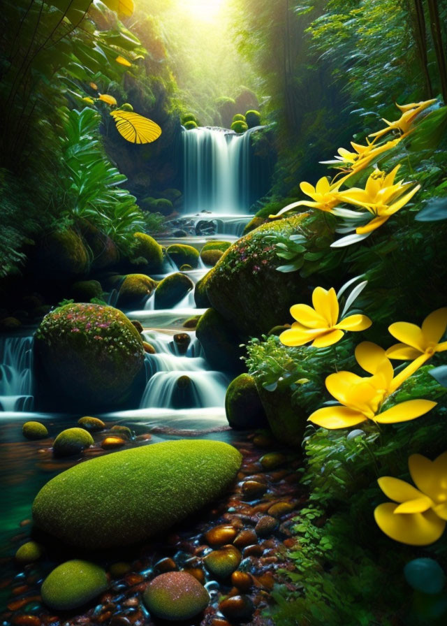 Tranquil forest waterfall with sunlight, flowers, and moss-covered rocks