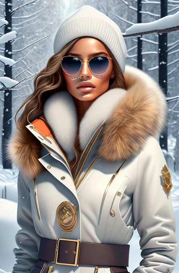 Fashionable Female Character in Winter Outfit with Fur Collar, Sunglasses, and Beanie