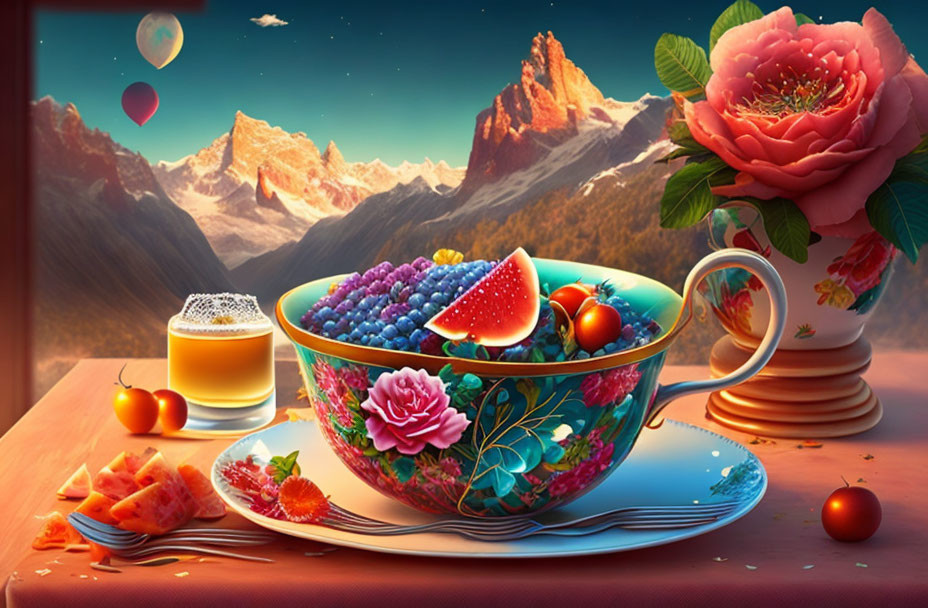 Colorful digital artwork: Teacup with fruits, flowers, food, and mountain landscape