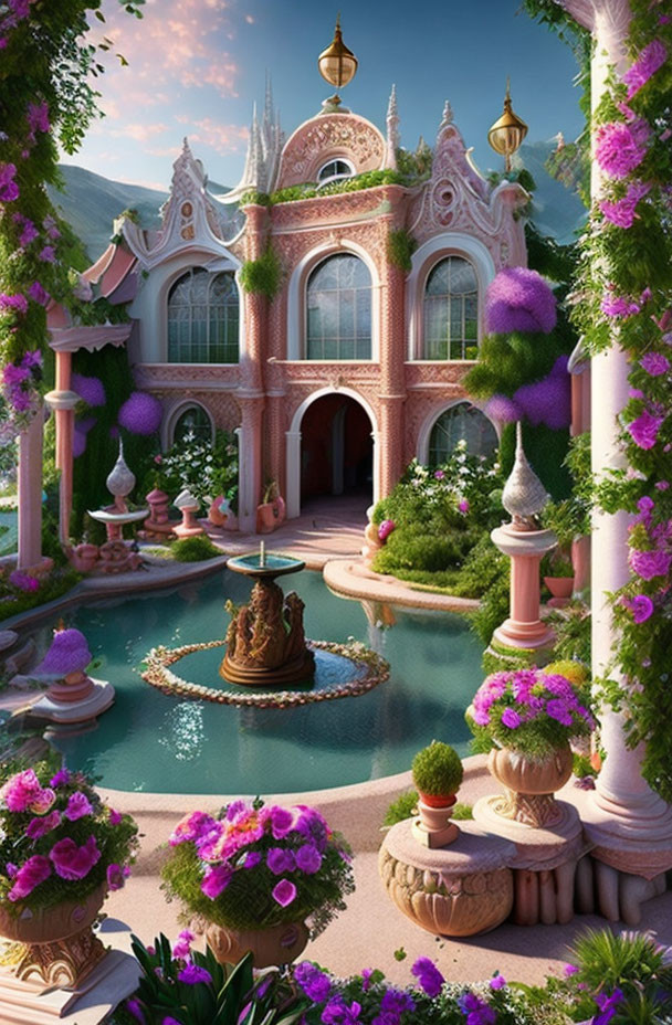 Pink palace with golden domes, lush gardens, topiaries, purple flowers, and tranquil pond