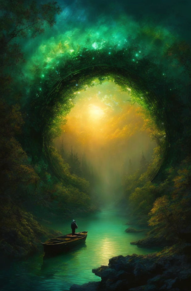 Solitary Figure on Boat in Mystical Forest Tunnel with Golden Light