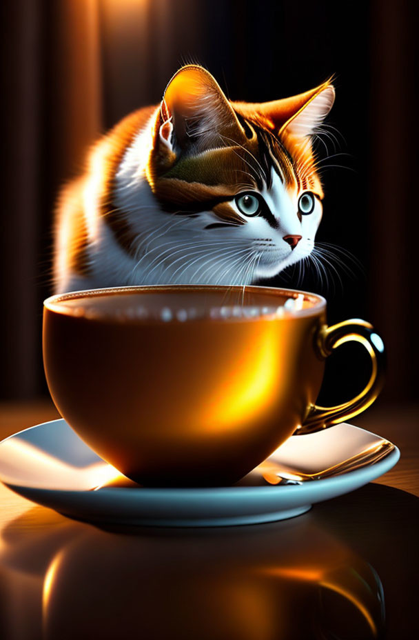 Curious cat gazes at steaming cup of coffee on table.