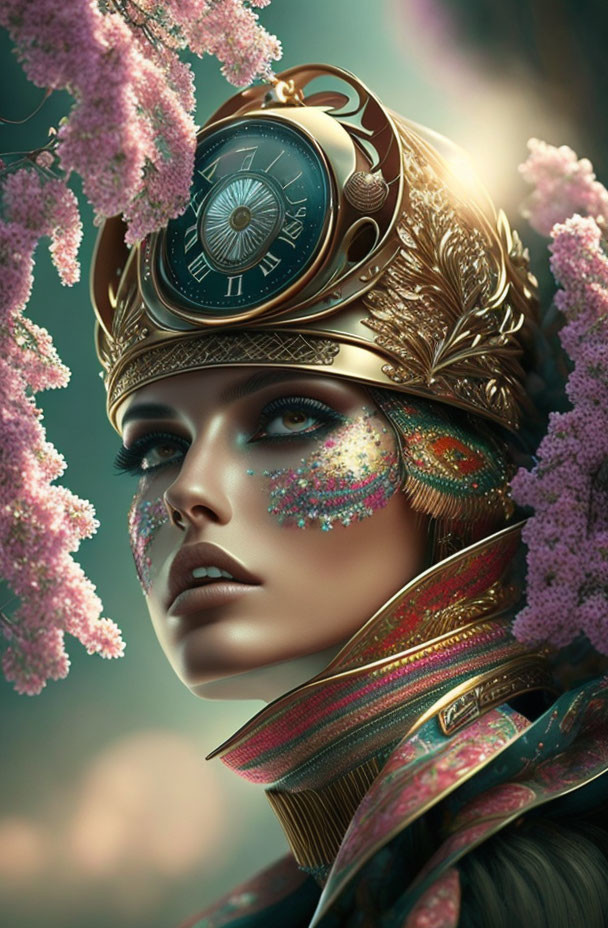 Portrait of woman with glittering makeup and ornate helmet, surrounded by pink blossoms