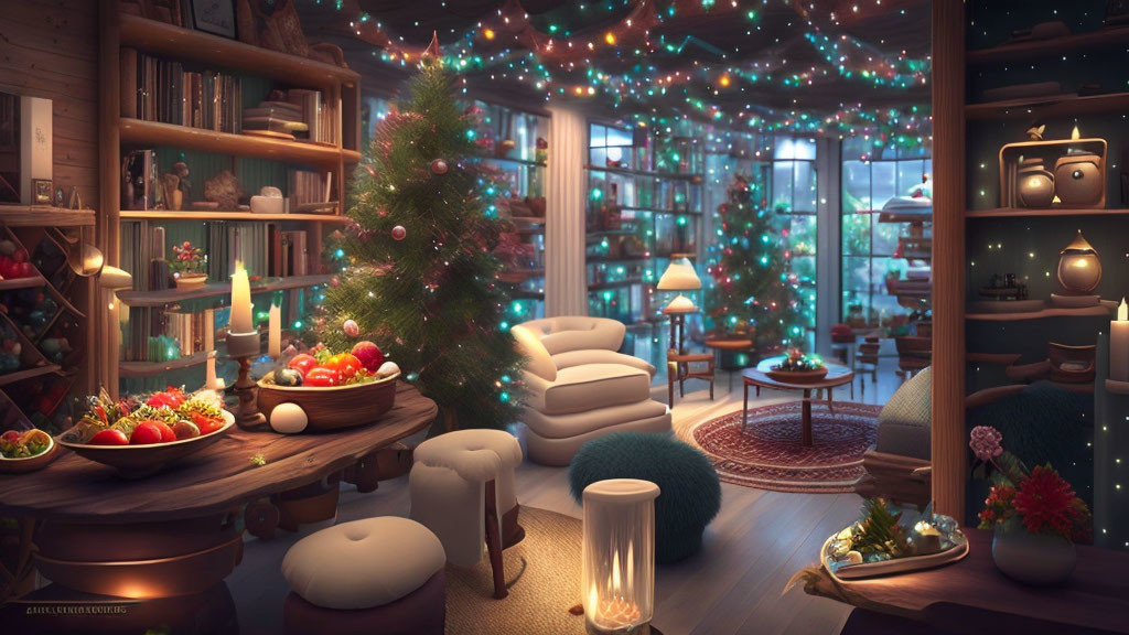 Christmas-themed interior with decorated tree, lights, bookshelves, and snowy landscape.