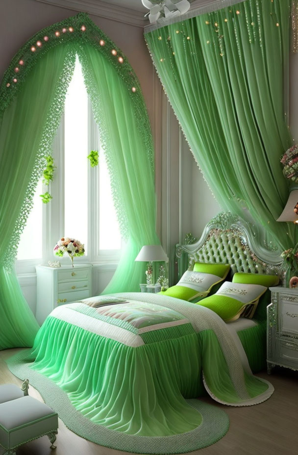 Luxurious Bedroom with Green Drapery, White Bed, Floral Accents