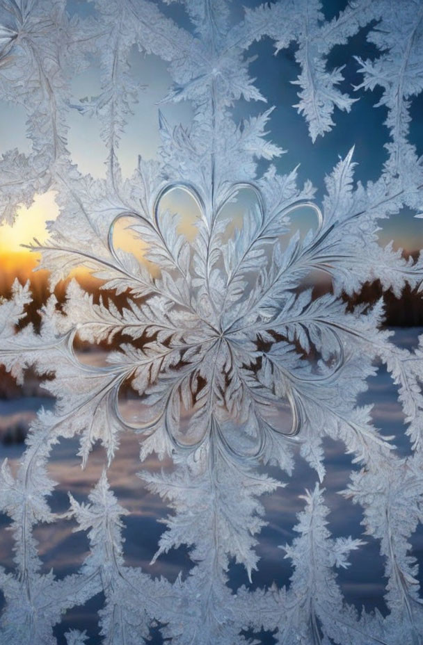 Detailed frost flower pattern on glass with sunrise and winter scenery