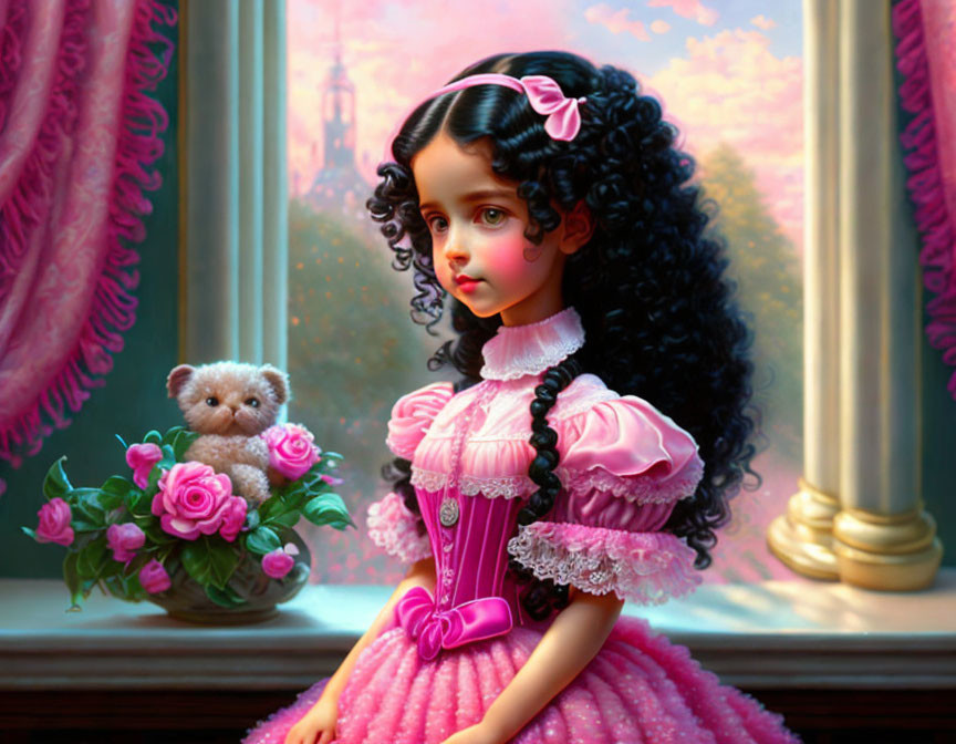 Victorian-style painting of young girl with teddy bear and castle.