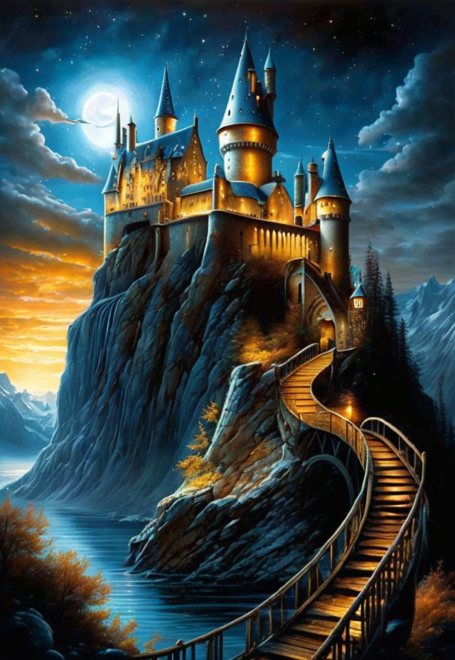 Moonlit castle on cliff with winding staircase by river