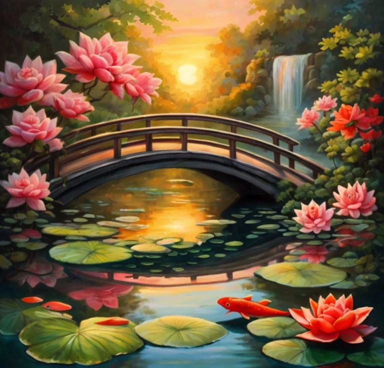 Tranquil painting of wooden bridge over pond with lotus flowers, koi fish, and waterfall