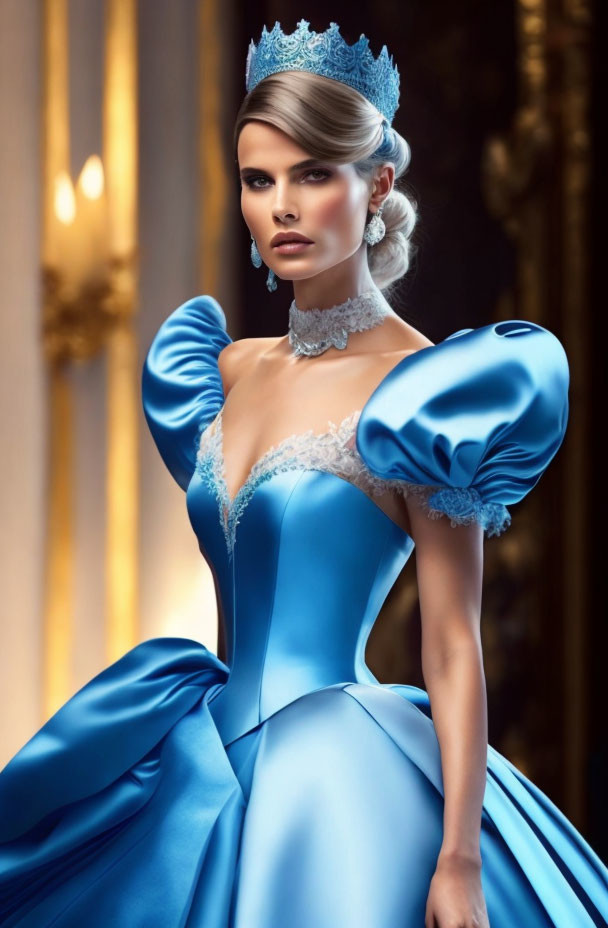 Elegant woman in blue gown with puffed sleeves and tiara in luxurious room