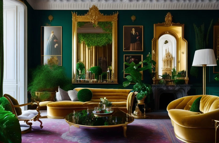 Luxurious Room with Green Walls, Golden Details, Portraits, Yellow Seating, and Plants