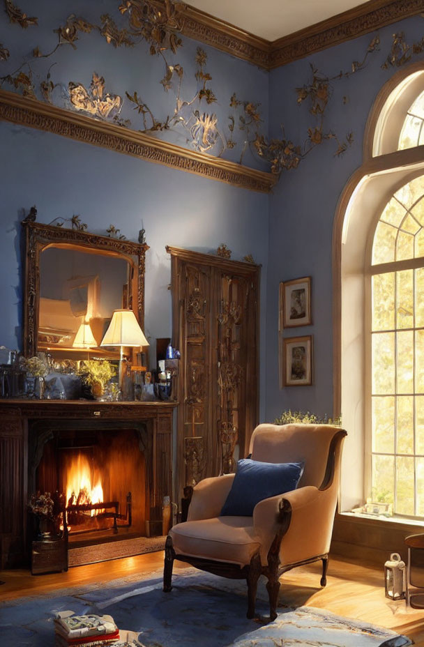 Luxurious Blue Room with Fireplace and Antique Chair