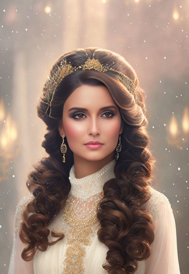 Long-haired woman in gold crown and earrings against dreamy backdrop.