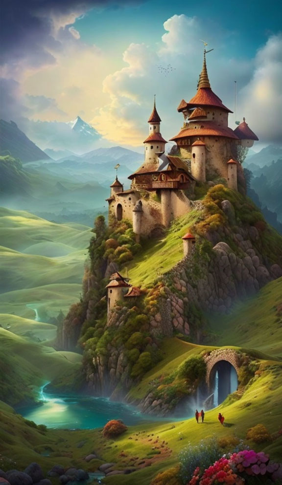 Fantastical landscape with castle, figures, river, and mountains