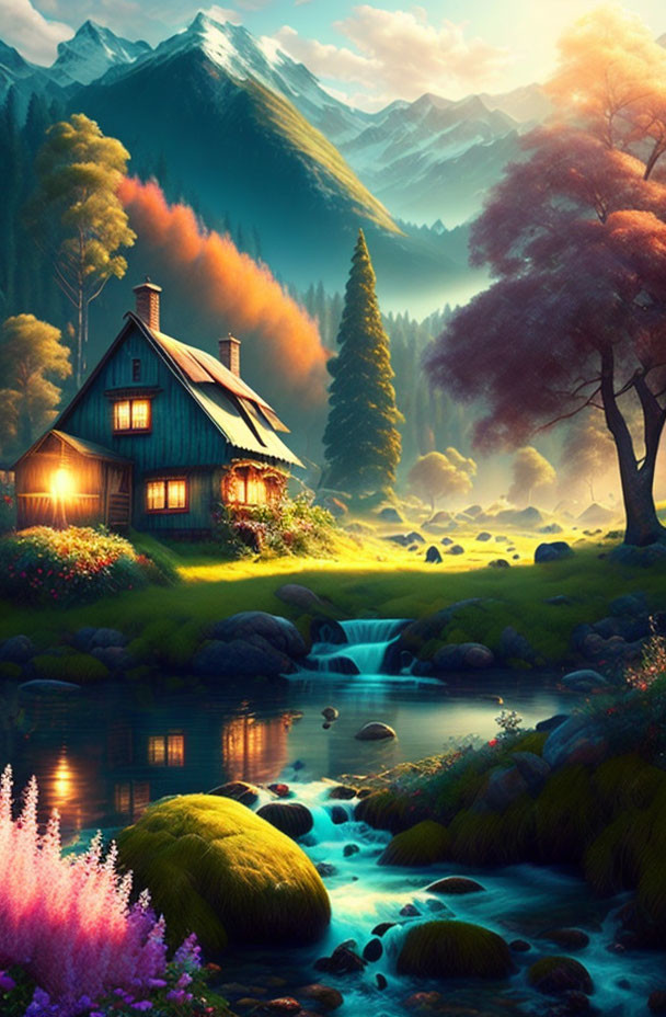 Charming house in fairy-tale landscape with mountains, stream, trees