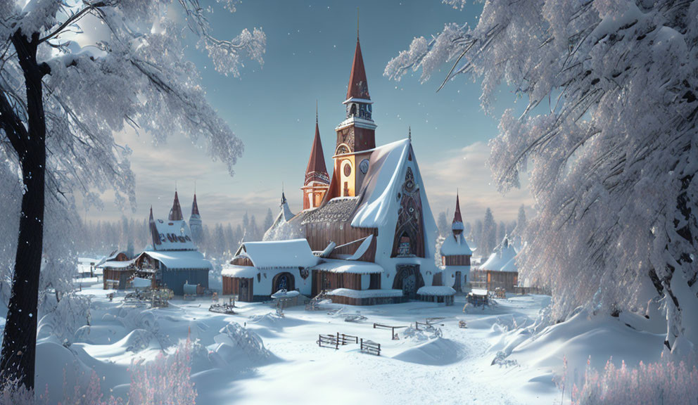 Snow-covered winter village with serene blue sky