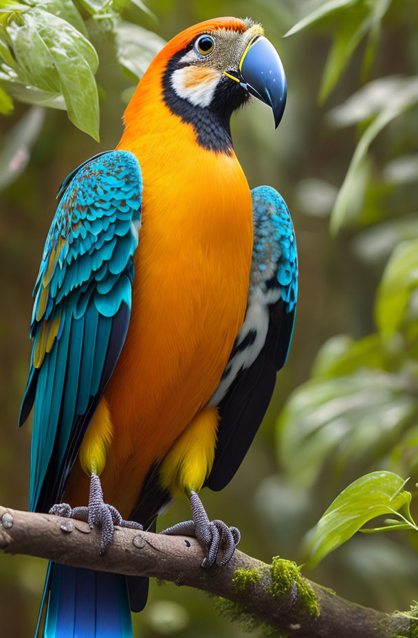 Colorful Parrot with Large Beak on Branch, Blue and Yellow Feathers