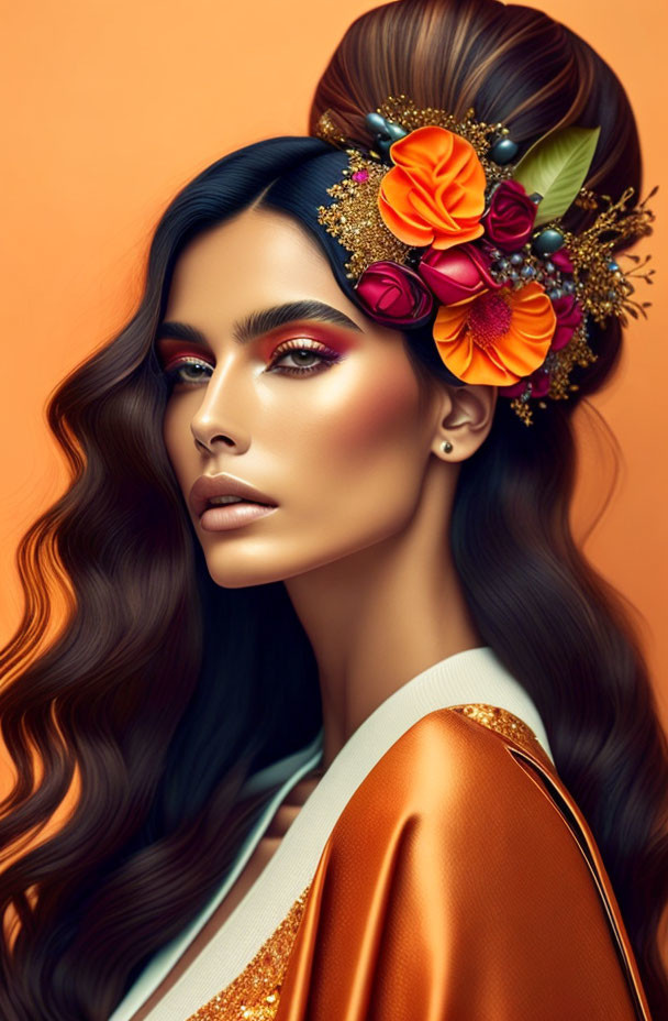 Woman with Long Wavy Hair and Floral Headpiece on Orange Background