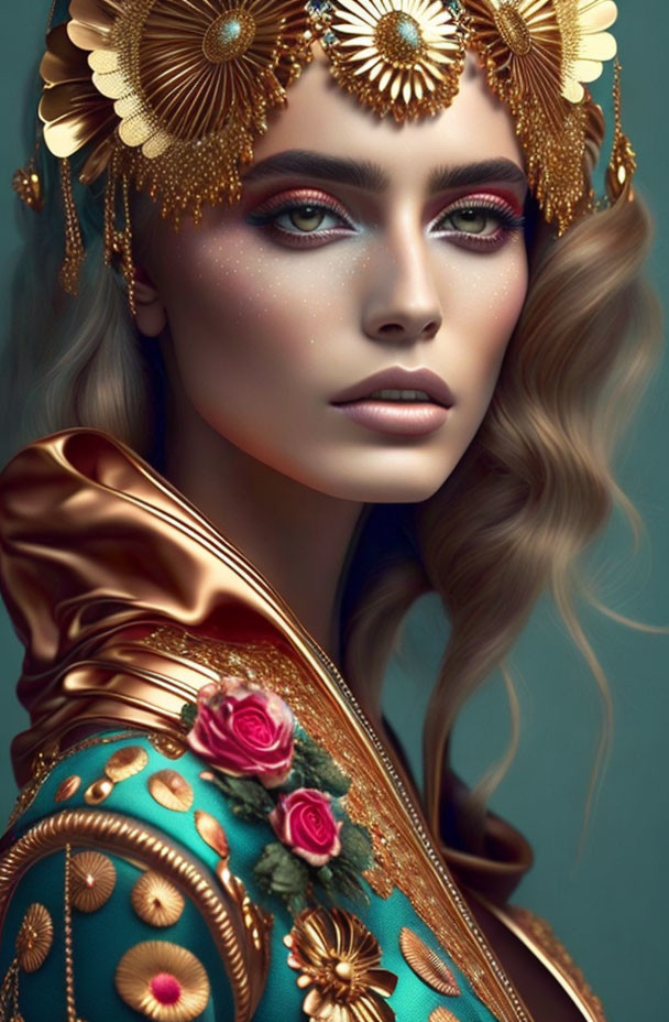 Elaborate golden headgear on woman with blue eyes and wavy hair