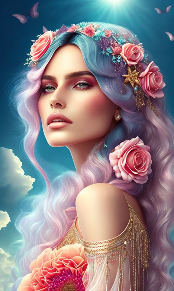 Fantastical portrait of woman with pastel hair, starfish, flowers, blue background, butterflies