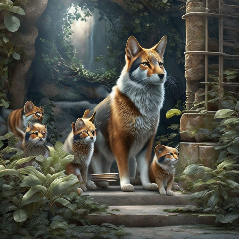 Fox family in lush greenery with ancient ruins backdrop