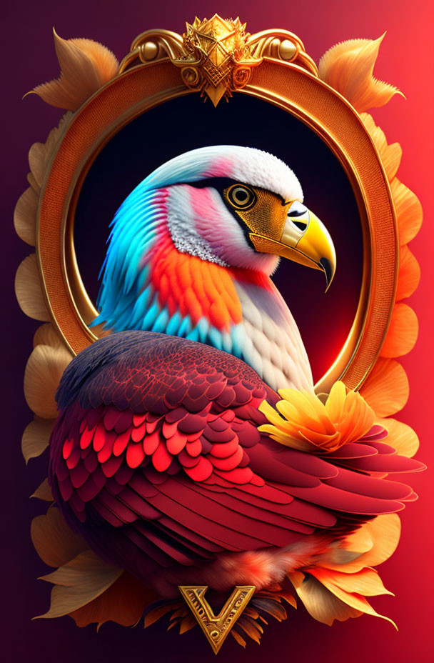 Colorful Stylized Eagle Portrait in Ornate Golden Frame