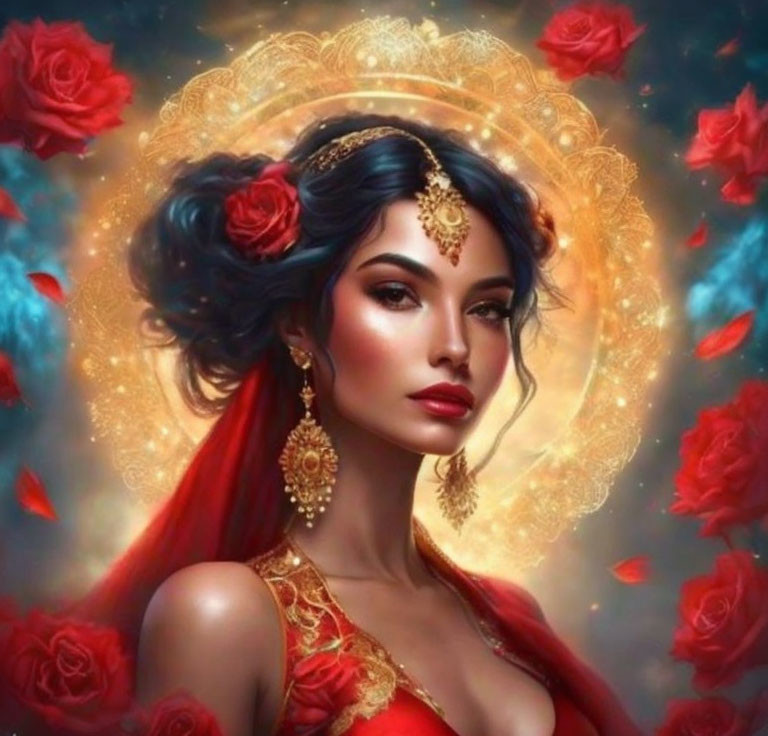 Dark-haired woman with red roses and gold jewelry in mystical setting.