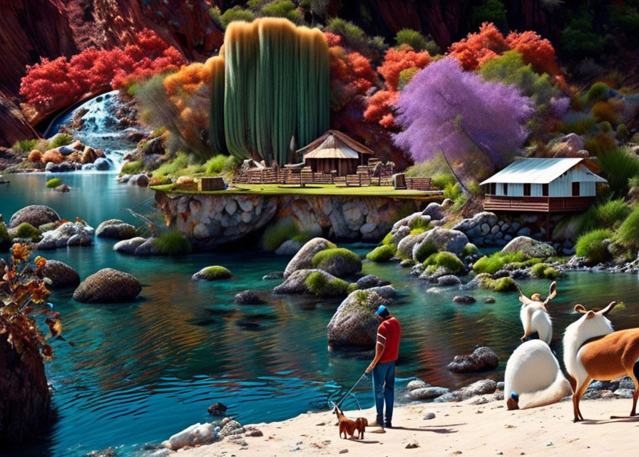 Colorful riverbank scene with person, dog, animated animals, trees, and cabin.