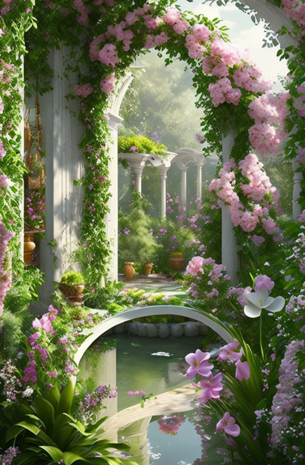 Tranquil garden scene with pink flowers, archway, pond, and lush greenery