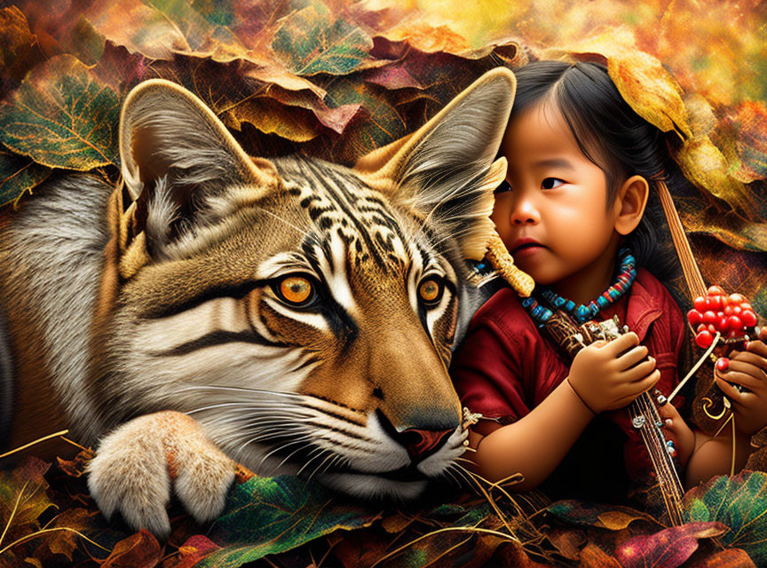 Child playing flute near detailed tiger in autumn setting