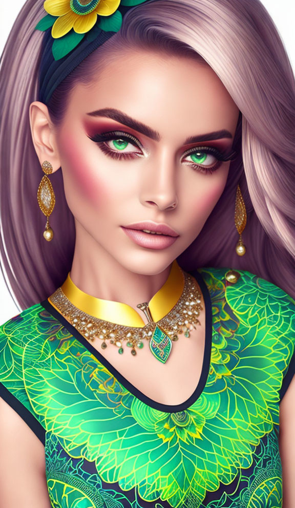 Digital artwork featuring woman with green eyes, purple hair, and vibrant outfit