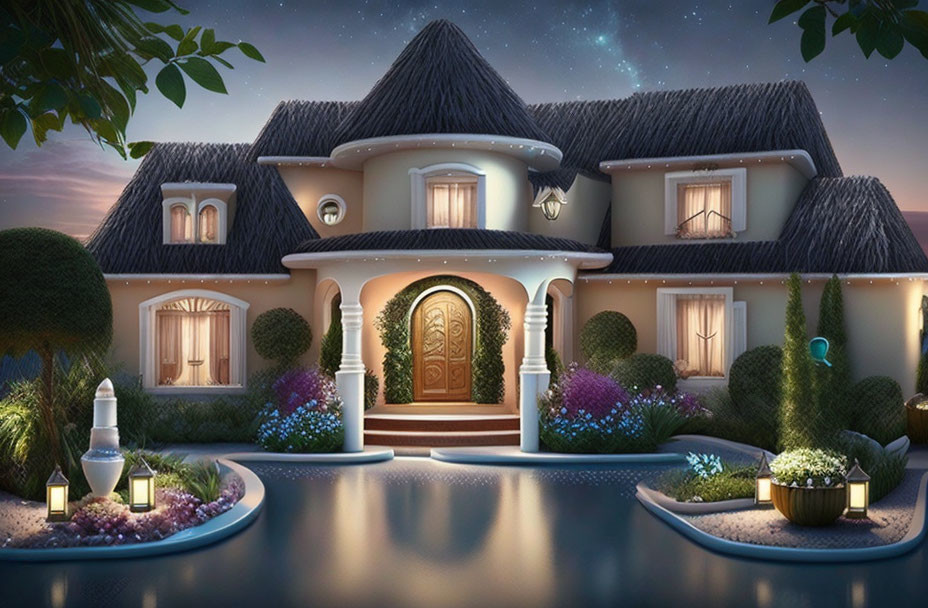 Luxurious House Twilight Scene with Lit Entrance, Gardens, Water Features, Starry Sky