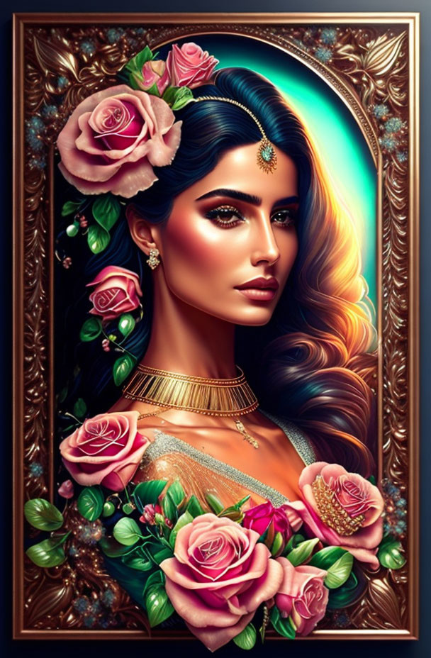 Illustrated Portrait of Woman with Dark Hair and Jewelry Surrounded by Roses