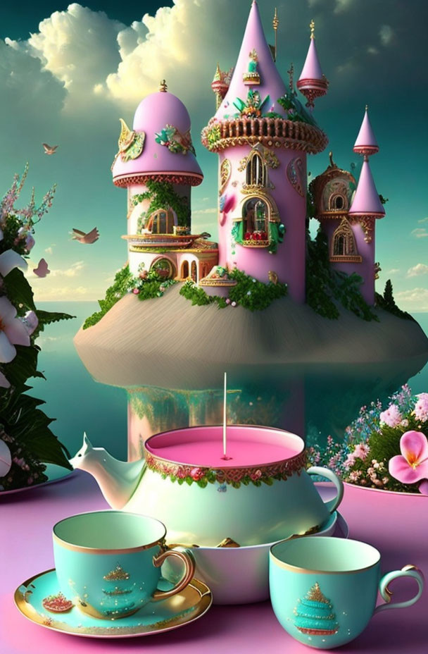 Whimsical pink castle on floating teapot island with teacups and saucers