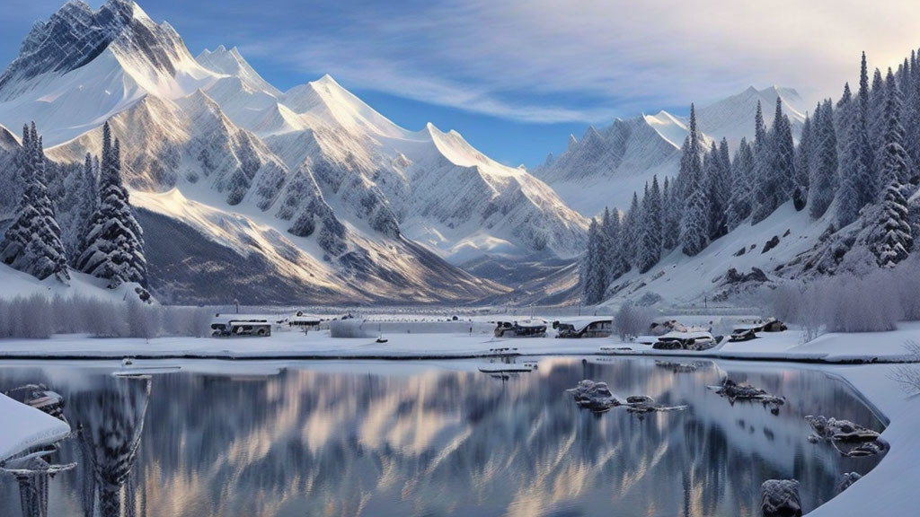 Snow-covered Trees and Reflective Lake in Winter Scene