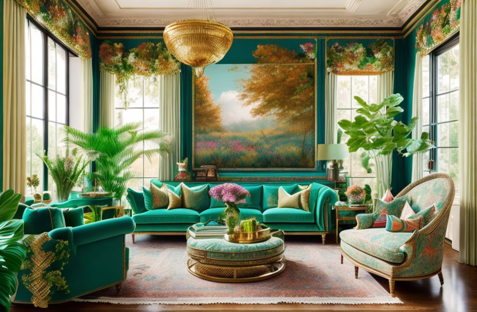 Luxurious Room with Green Velvet Sofas, Golden Chandelier, Painting, Rug, and Houseplants