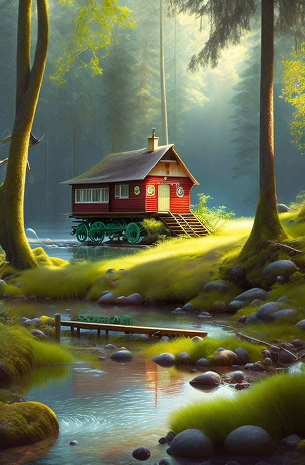 Red and Green Tiny House in Nature with Stream and Footbridge