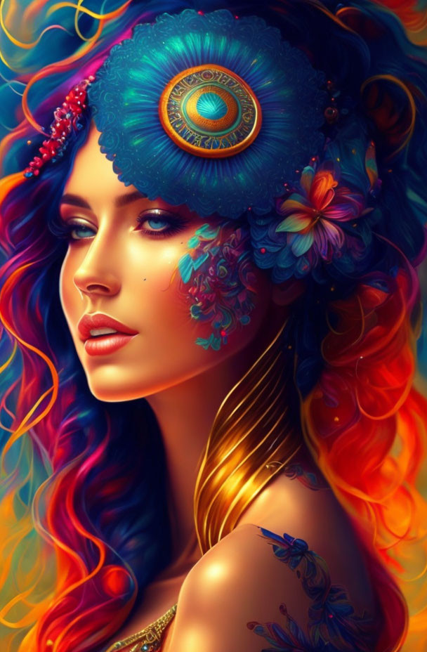 Colorful woman with peacock feather headdress and floral elements