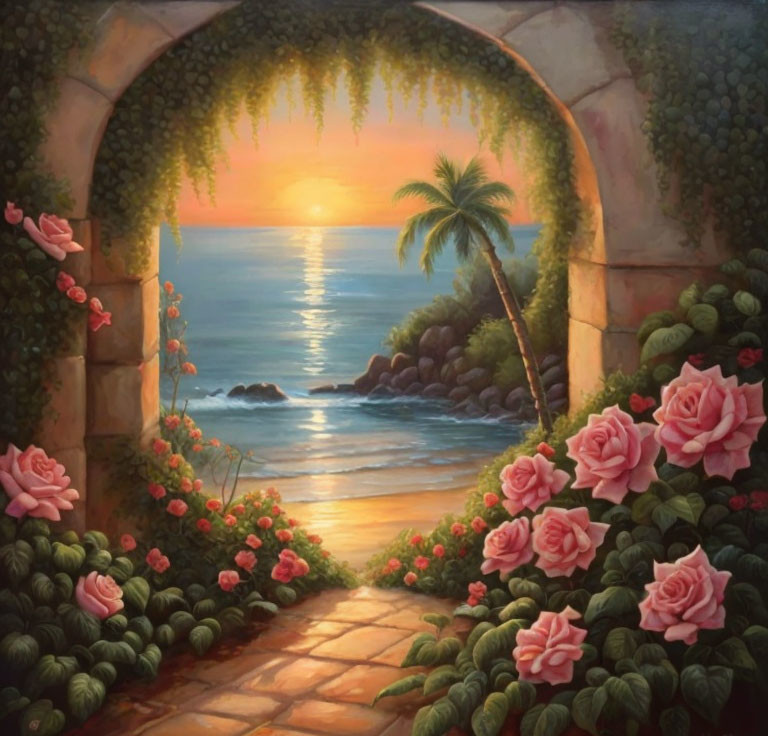 Stone Archway Surrounded by Roses and Beach Sunset