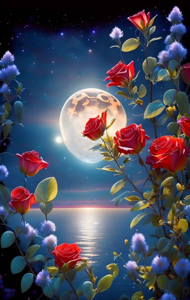 Fantasy scene: Red roses, full moon, calm sea, starry sky