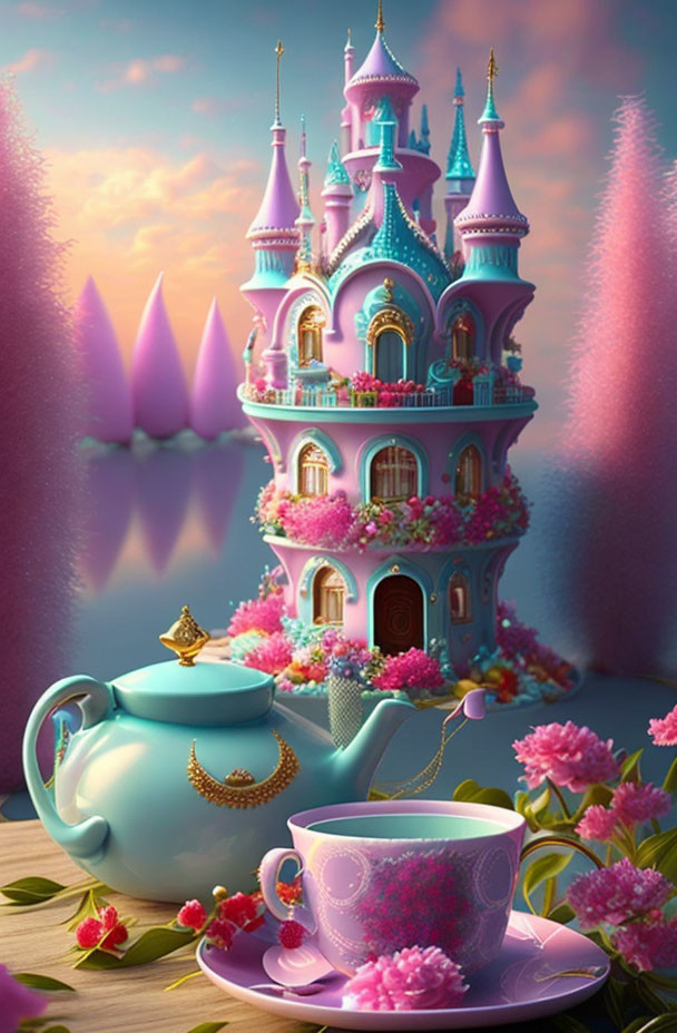 Whimsical fairy-tale castle on teapot with pink trees