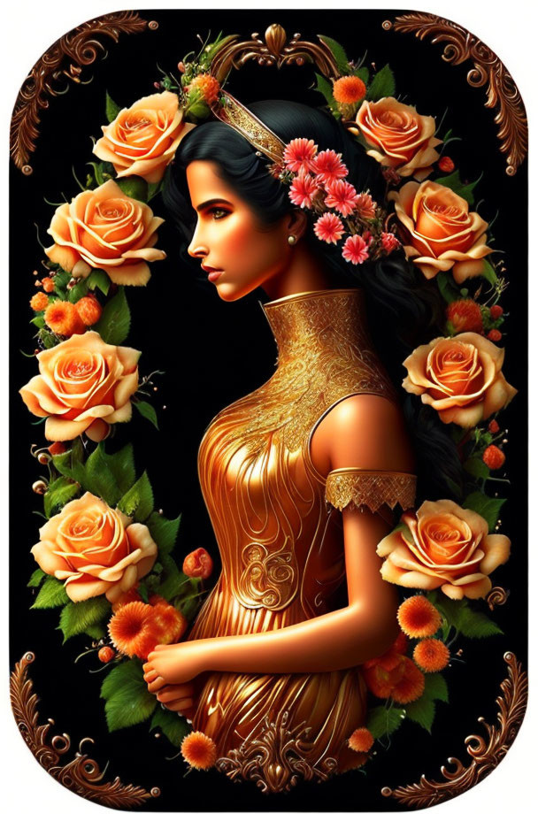 Woman in floral crown and golden dress surrounded by orange roses on dark background.