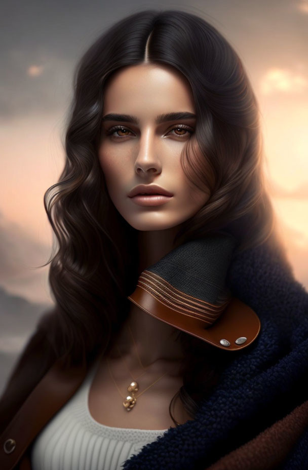 Serene woman portrait with wavy hair, white top, leather strap, navy coat